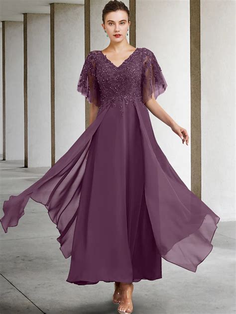 A Line Plus Size Curve Mother Of The Bride Dress Elegant V Neck Ankle