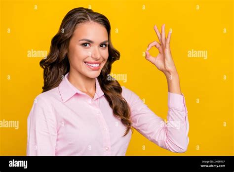 Photo Of Hooray Millennial Brunette Lady Show Okey Wear Pink Shirt