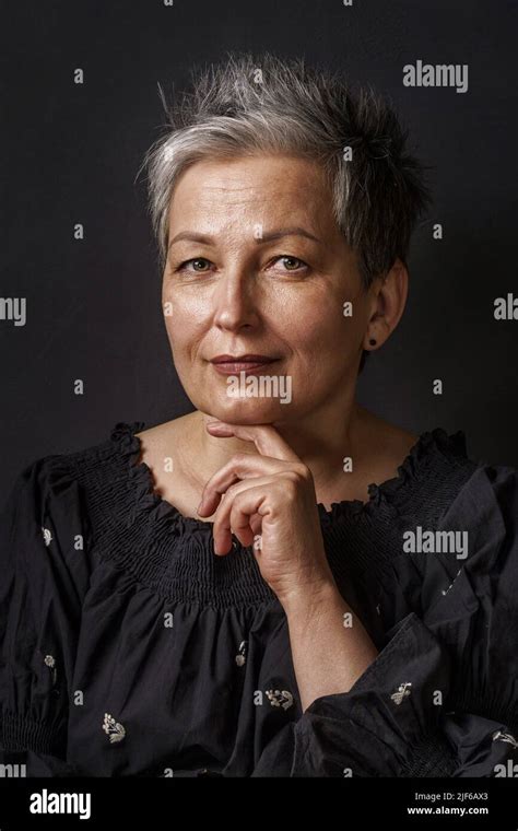 Close Up Gorgeous Mature Businesswoman With Grey Hair Posing Leaned