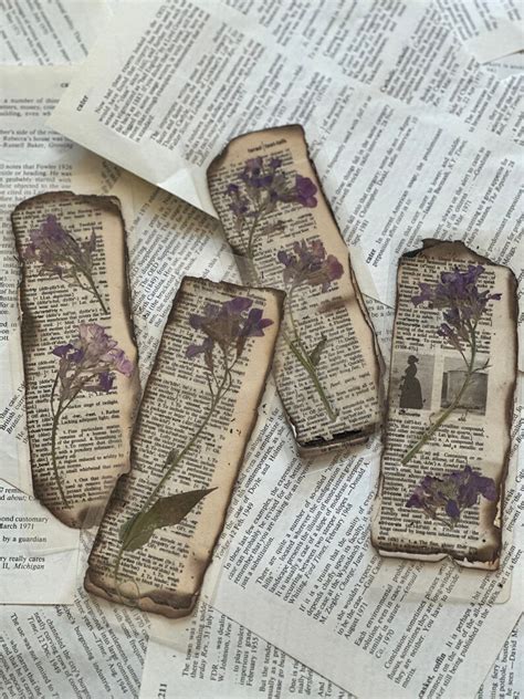 Handmade Laminated Pressed Purple Flower Bookmark With Burnt Dictionary