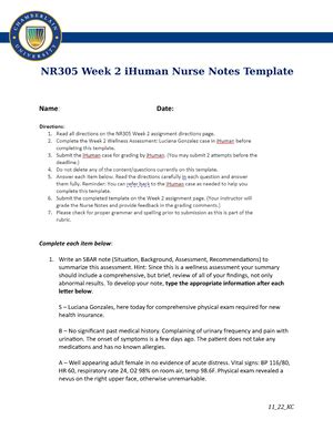 NR305 Nurse Notes Week6 Template 0821kc NR305 Week 6 IHuman Nurse