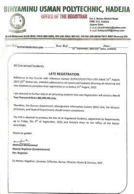 Binyaminu Usman Polytechnic Notice To Students On Late Registration Fee