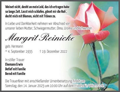 Traueranzeigen Von Margrit Reinicke M Rkische Onlinezeitung Trauerportal