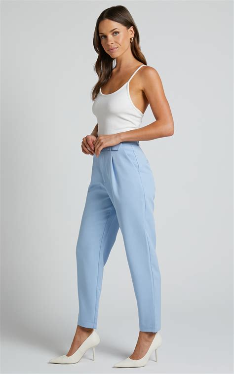 Milica Trousers Belted High Waisted Trousers In Pastel Blue Showpo Usa