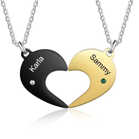 Heart Matching Necklace Set Personalized Names Birtstones Couple Necklace