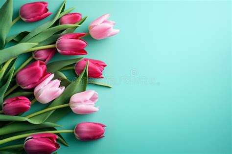 Pink And Purple Tulip Flowers Bouquet On Blue Background With Copy