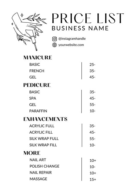 Nail Price List Template Editable Price List Price List Sign Modern Price List Diy Price