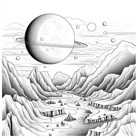 Premium Photo | A drawing of a landscape with a planet and mountains ...