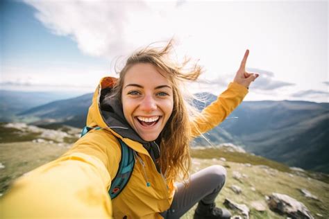 Premium AI Image Happy Woman Hiker Taking Selfie On Mountaintop