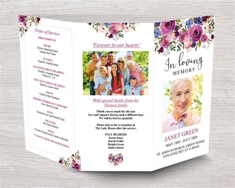 X Trifold Funeral Program Template With Purple Roses Etsy Uk