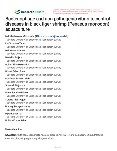 (PDF) Bacteriophage and non-pathogenic vibrio to control diseases in black tiger shrimp (Penaeus ...