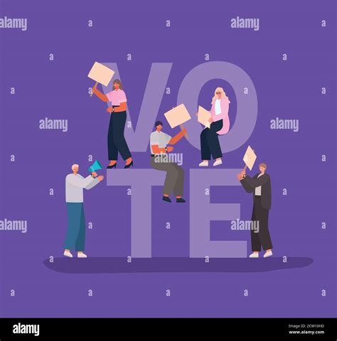 Women And Men Cartoons With Vote Banners And Megaphone Vector Design