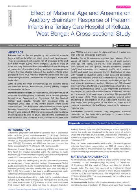 Pdf Effect Of Maternal Age And Anaemia On Auditory Brainstem Response Of Preterm Infants In A