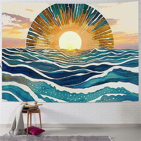 Bciig Ocean Sunrise Wall Tapestry Waves Mid Century Modern Style