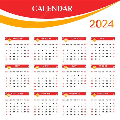 2024 Red And Yellow Yearly Calendar With Unique Style Vector Calendar