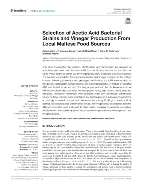 Pdf Selection Of Acetic Acid Bacterial Strains And Vinegar Production From Local Maltese Food