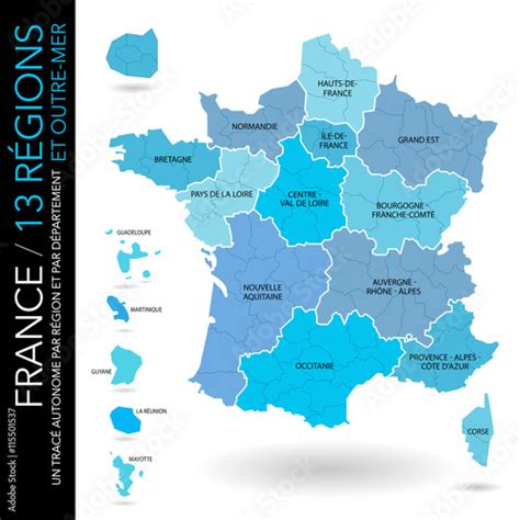 Carte de France 13 régions et outre mer avec départements un tracé