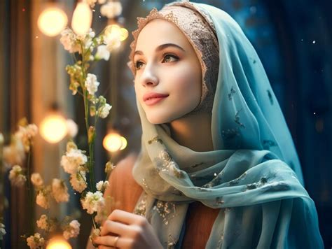 Premium Photo Smiling Beautiful Muslim Woman In Hijab With Flowers