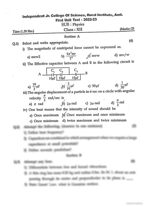 Solution 11th Physics Unit Test 1 Question Paper Studypool