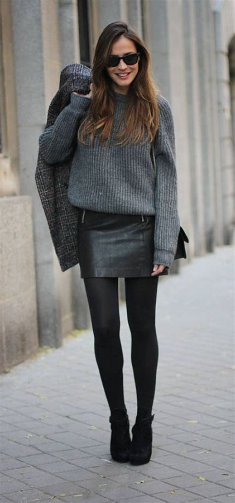 Gray Knitted Jumper Black Leather Mini Skirt Tights Outfit Winter