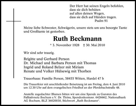 Trauer Und Todesanzeigen Von Ruth Beckmann Trauer De