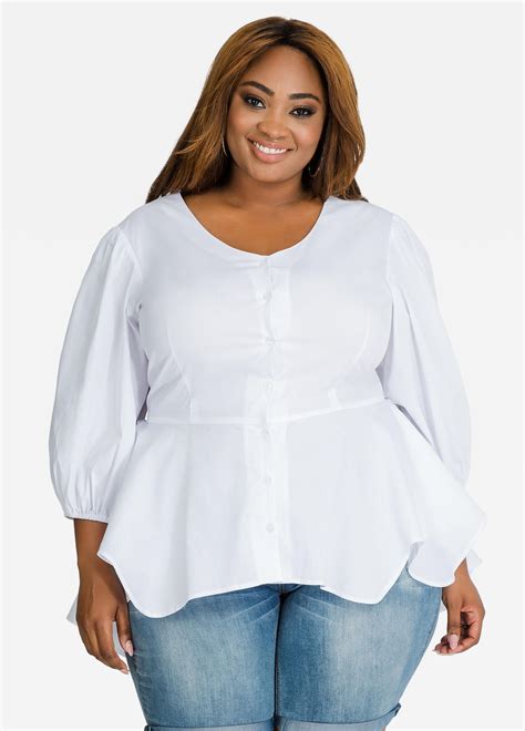 Lyst Ashley Stewart Button Front Puff Sleeve Peplum Blouse In White