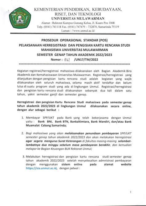 POS Registrasi Herregistrasi Pengisian KRS Semester Genap TA 2022 2023