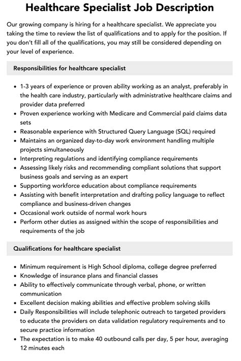 Healthcare Specialist Job Description Velvet Jobs