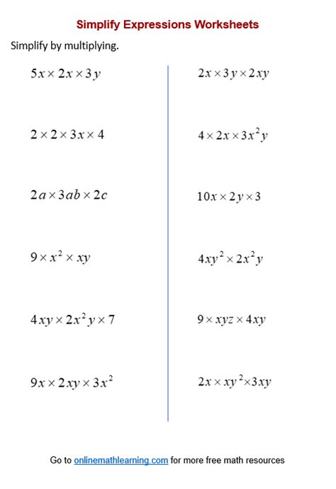 Multiplying Algebraic Expressions Worksheet Beyond Maths Worksheets