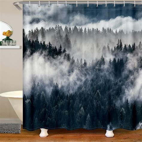 Smoky Mountain Pineforest Shower Curtain Grey Trees Natural Scenery Art