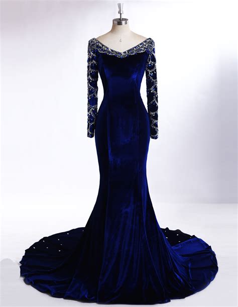 Noble Royal Blue Velvet Evening Dresses With Long Sleeve Real Photos