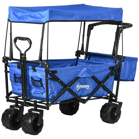 Outsunny Folding Trolley Cart Storage Wagon Beach Trailer 4 Wheels With