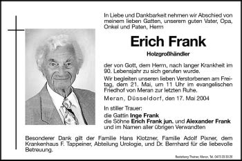 Traueranzeigen Von Erich Frank Trauer Bz