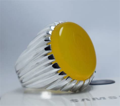 Men Yellow Real Yemeni Aqeeq Akik Ring Carnelian Agate Bague Yemen Aqiq