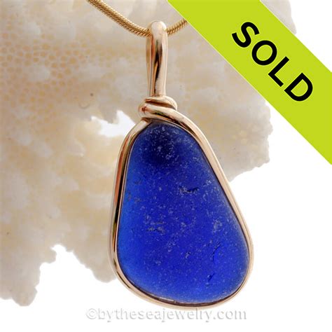 Deep Cobalt Blue Sea Glass In Original Gold Wire Bezel© Pendant Setting Gfp571