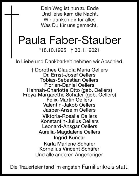 Traueranzeigen Von Paula Faber Stauber Trauer In Nrw De