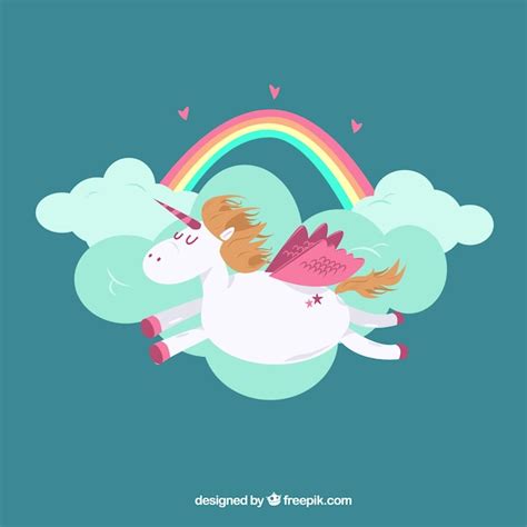 Wolken Und Regenbogen Hintergrund Mit Einhorn Fliegen Kostenlose Vektor