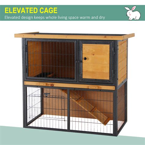 PawHut Wood Metal Rabbit Hutch Elevated Pet House Bunny Cage With Slide