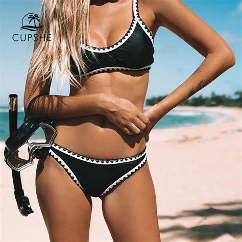 CUPSHE Black And White Crochet Trim Bikini Sets Women Patchwork Back