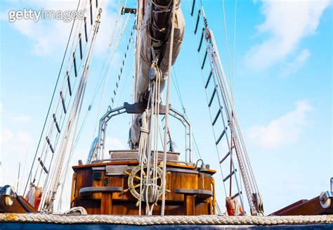 Old Wooden Sailing Ship Closeup Wooden Steering Wheel Ropes Rope