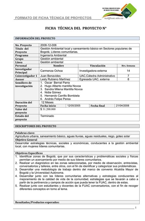 ficha técnica y resumen de proyectos terminados