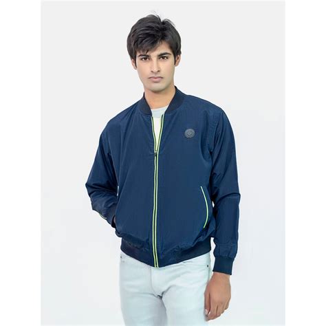 Brumano Navy Blue Light Bomber Jacket With Neon Detailing For Men Price ...