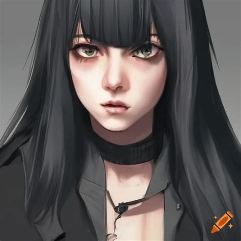 Portrait Of A Determined Anime Woman With Long Black Hair In A Trench