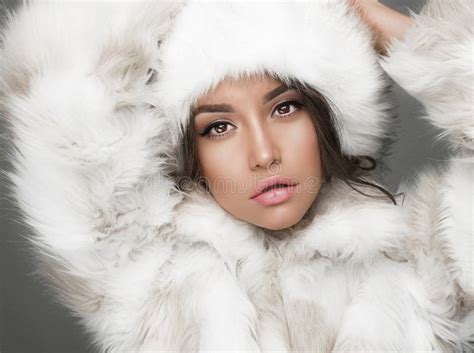 Beautiful Woman In White Fur Coat And Fur Hat Stock Photo Image Of