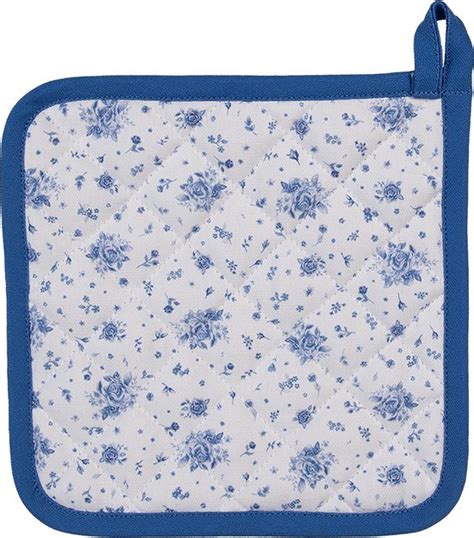 Clayre Eef Pannenlap 20x20 Cm Wit Blauw Katoen Vierkant Roosjes Bol