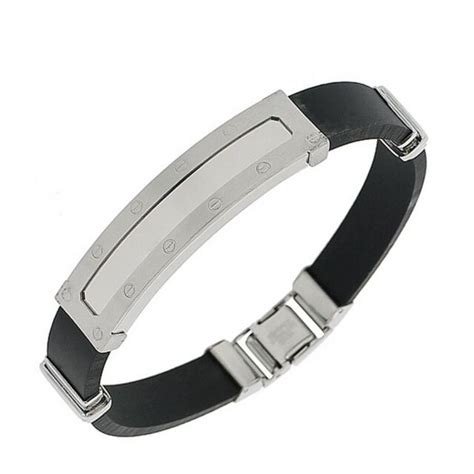 Edforce Stainless Steel Black Rubber Silver Tone Mens Bracelet Ebay