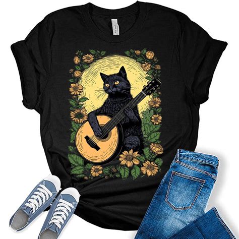 Cat Playing Guitar Shirt Womens Sunflower Cottagecore Aesthetic T Shirt