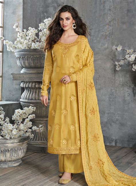 Buy Silk Embroidered Yellow Designer Palazzo Suit Online 172296