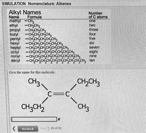 SIMULATION Nomenclature Alkenes Alkyl Names Name Formula Methyl Ethyl