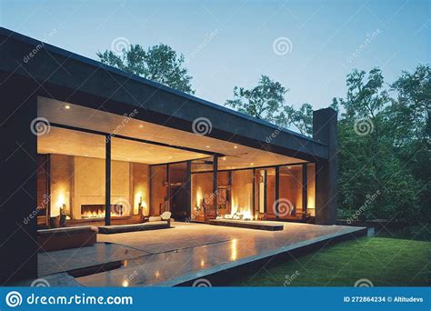 Modern Country Mansion with Large Illuminated Windows and Garden in ...